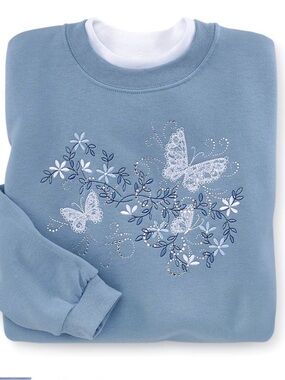 NWT Country Store Embellished Lace Blue Butterflies Crewneck Sweater, Medium
